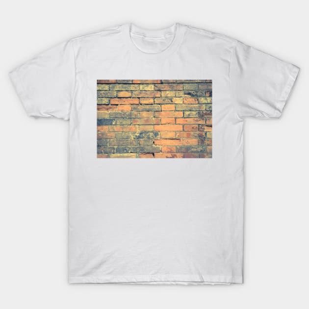 Old brick wall with cracks and scratches. Brick wall background. Distressed wall with broken bricks texture. House facade T-Shirt by AnaMOMarques